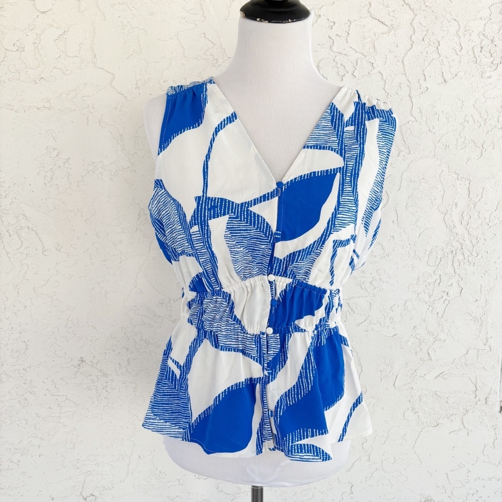 Nine West Blouse Size M Blue White Abstract Print V-Neck Peplum Sleeveless Top - Picture 1 of 11